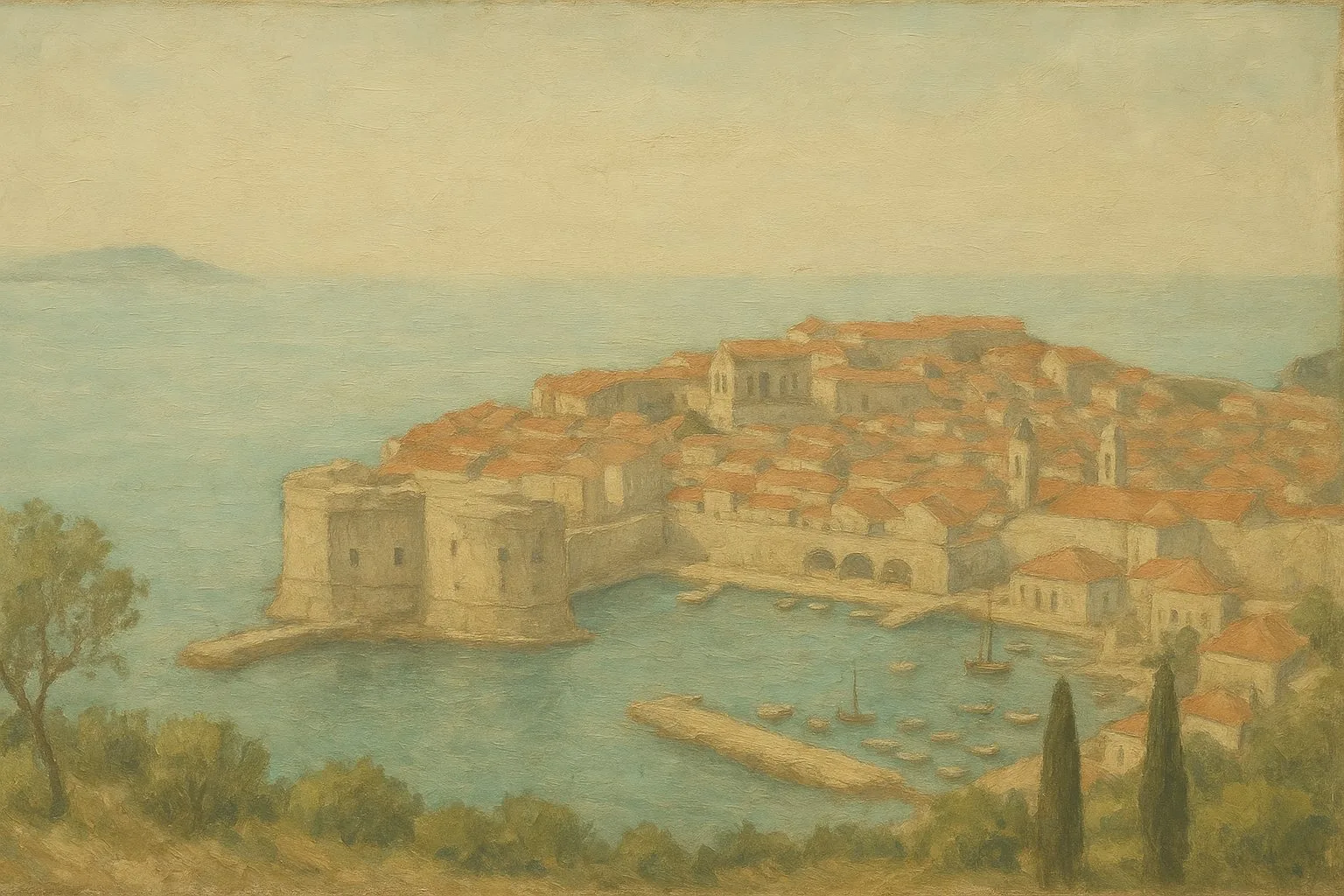 Painting: the old town of Dubrovnik with its harbour