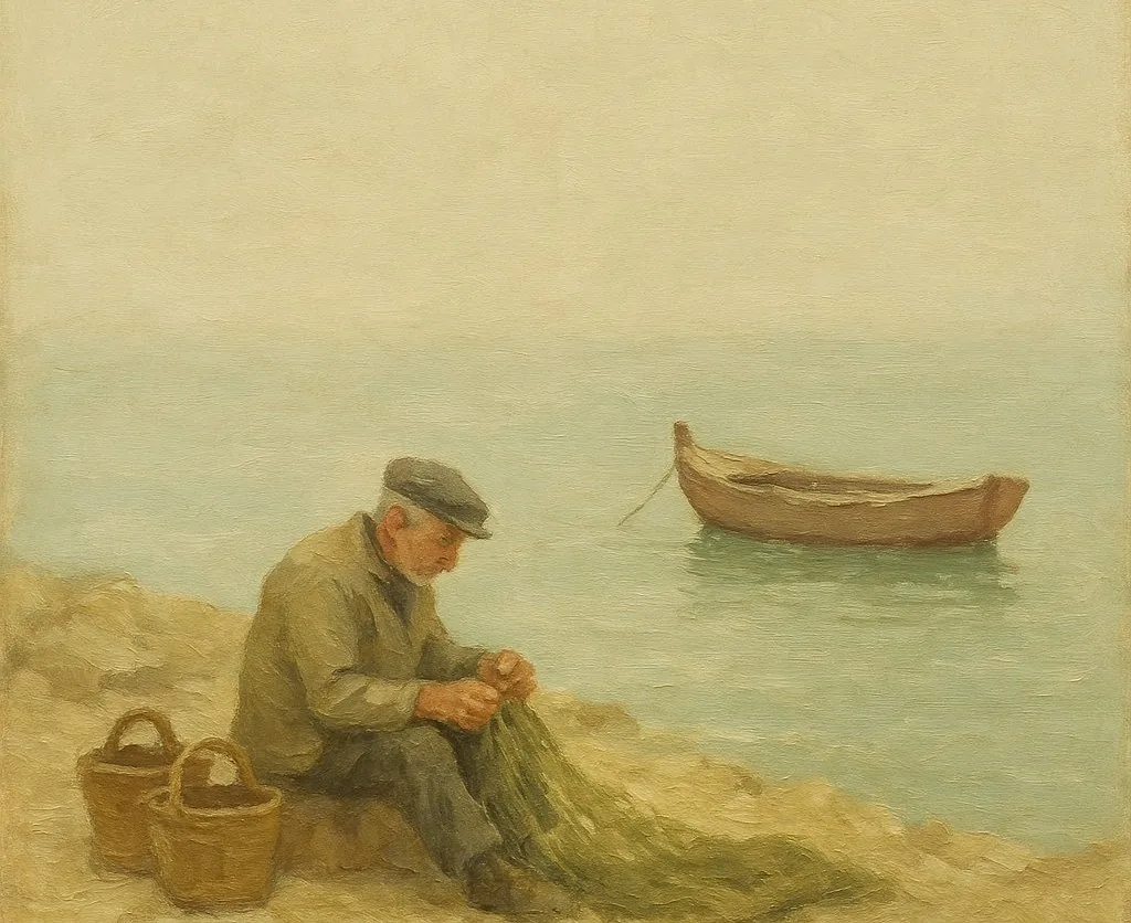 Painting: a fisherman mending his nets on the shore