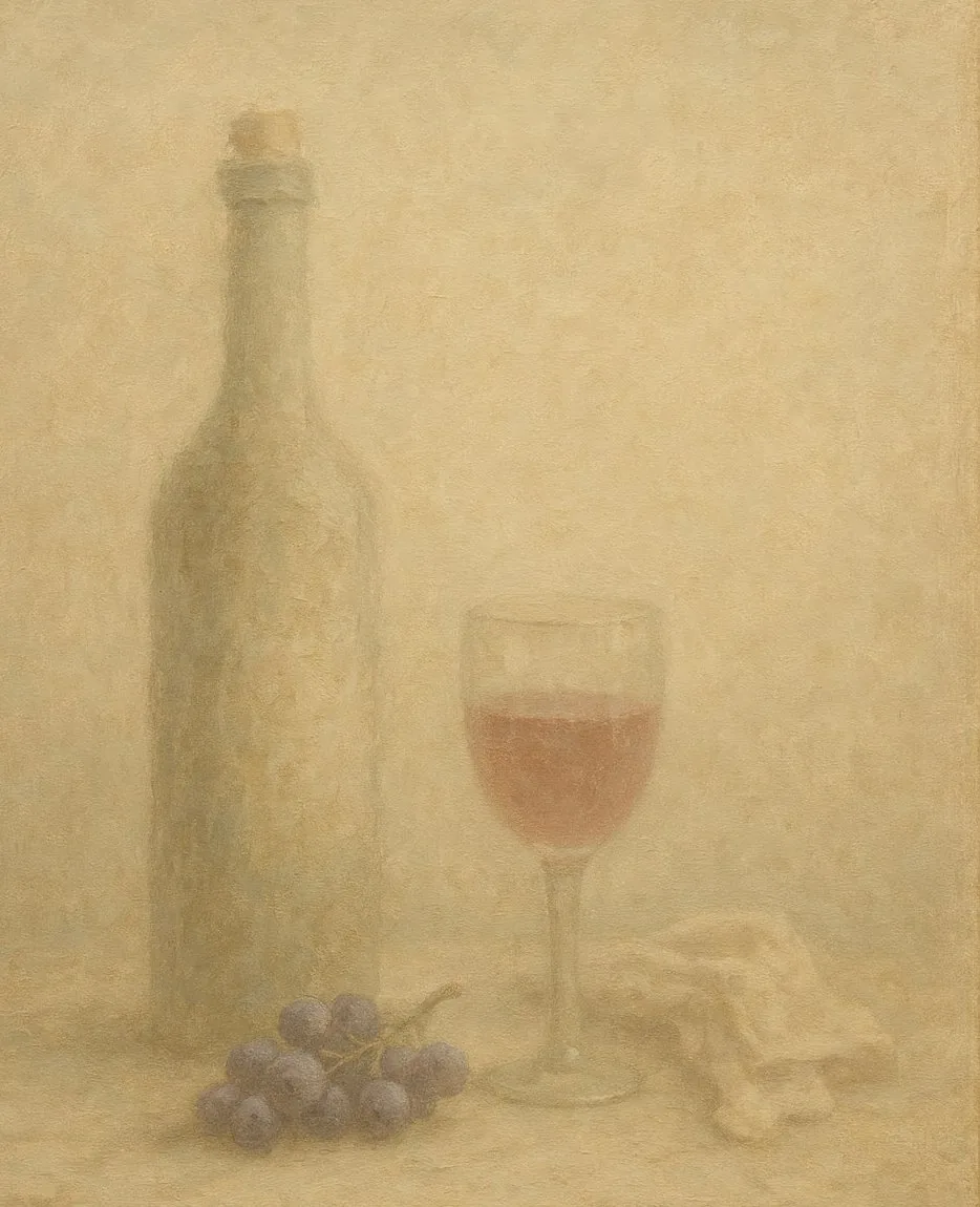 Painting: bottle, glass and grapes on a stone table